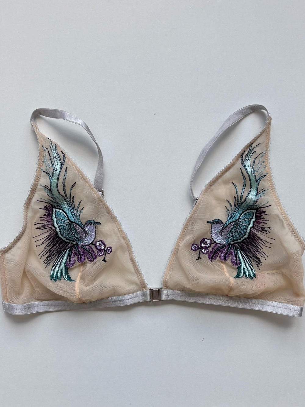 Topshop Nude Sheer Bralette with Teal & Purple Bird Embroidery